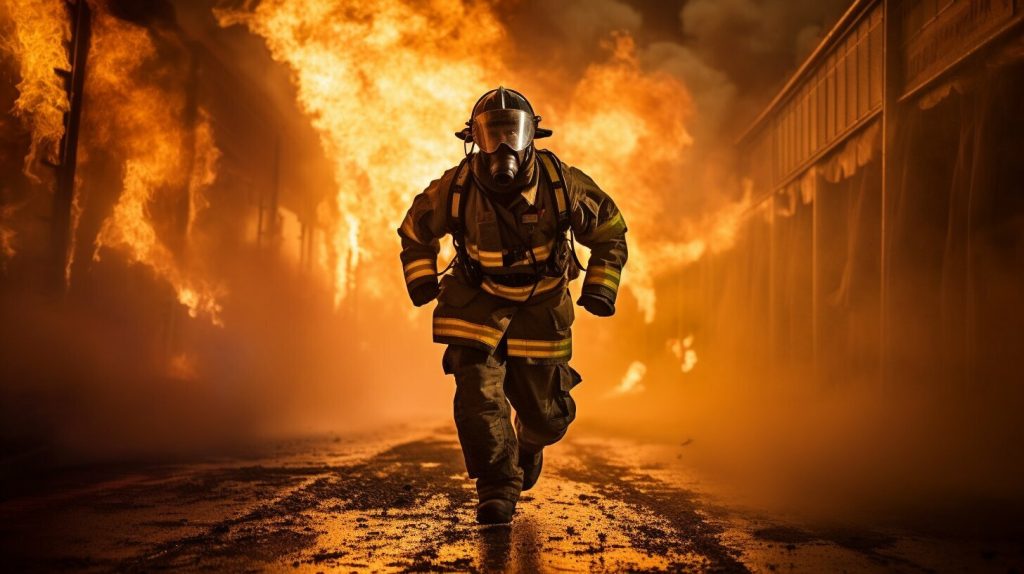 Firefighter running on a street with smoke in the background